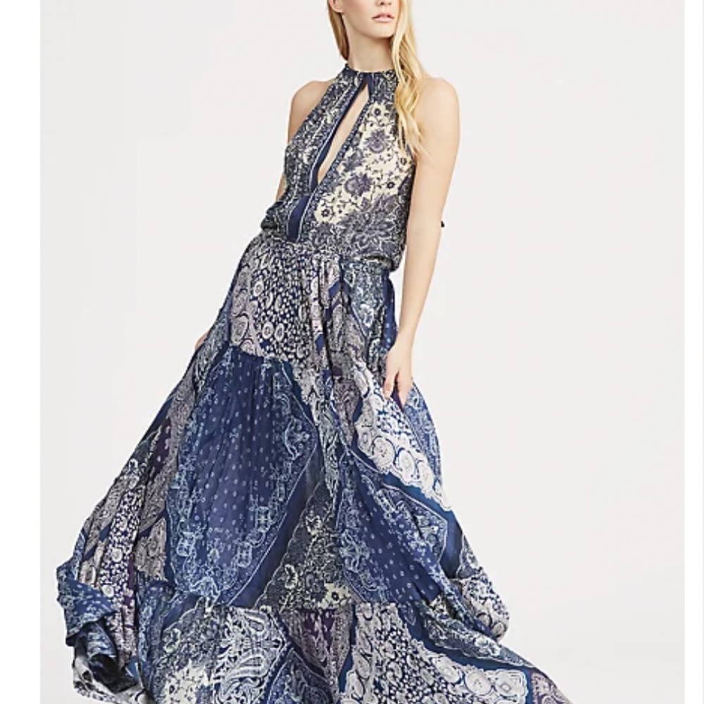 POLO RALPH LAUREN   Pattern Mix Keyhole Neck Sleeveless Maxi Dress In Blue Banda